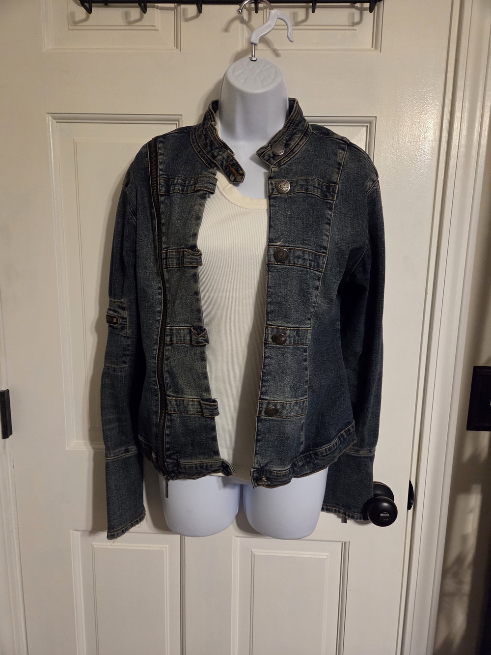 Vintage CJ Denim Military Napoleon Moto Jacket Flaired Zip Sleeve S